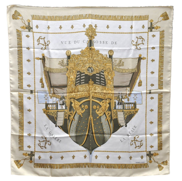 Authentic HERMES Carre 90 Scarf "VUE DU CAROSSE DE LA GALERE" Silk Beige 5650D