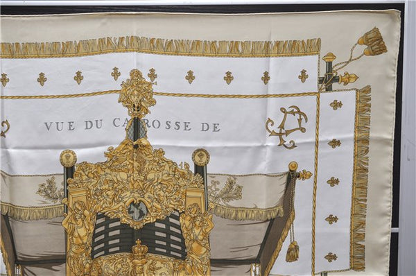 Authentic HERMES Carre 90 Scarf "VUE DU CAROSSE DE LA GALERE" Silk Beige 5650D