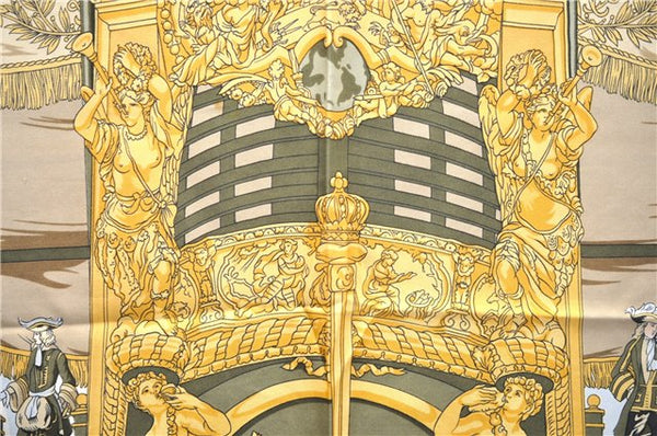 Authentic HERMES Carre 90 Scarf "VUE DU CAROSSE DE LA GALERE" Silk Beige 5650D
