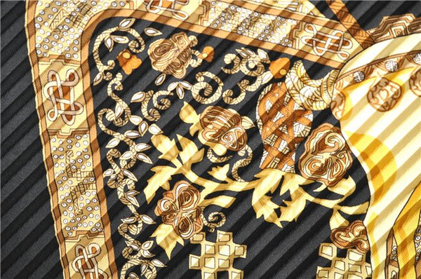 Authentic HERMES Pleats Scarf "ART des STEPPES" Silk Black Box 5669E