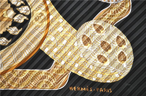 Authentic HERMES Pleats Scarf "ART des STEPPES" Silk Black Box 5669E