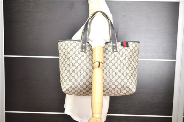 Authentic GUCCI Sherry Line Shoulder Tote Bag GG PVC Leather 211134 Navy 5676F