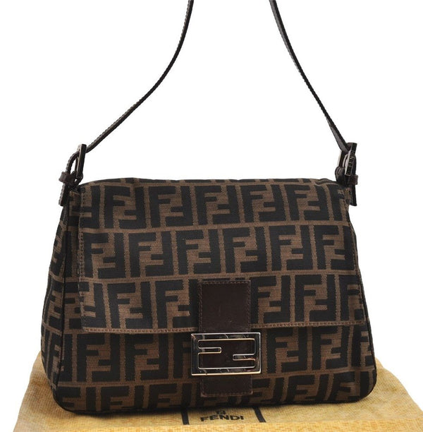 Authentic FENDI Zucca Mamma Baguette Shoulder Bag Canvas Leather Brown 5678I