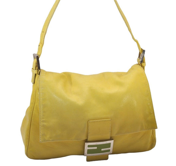 Authentic FENDI Mamma Baguette Shoulder Hand Bag Purse Leather Yellow 5683I