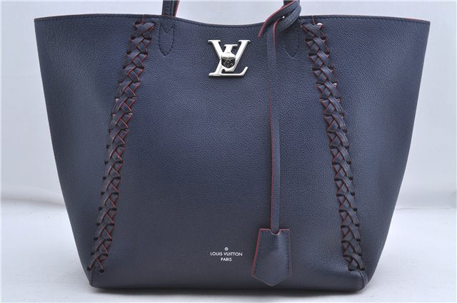 Authentic Louis Vuitton Lock Me Cabas Shoulder Tote Bag Navy Red M54682 LV 5685D