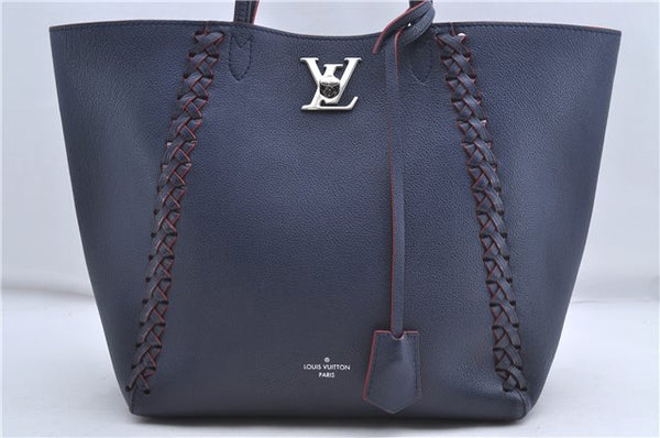 Authentic Louis Vuitton Lock Me Cabas Shoulder Tote Bag Navy Red M54682 LV 5685D