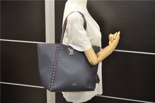 Authentic Louis Vuitton Lock Me Cabas Shoulder Tote Bag Navy Red M54682 LV 5685D