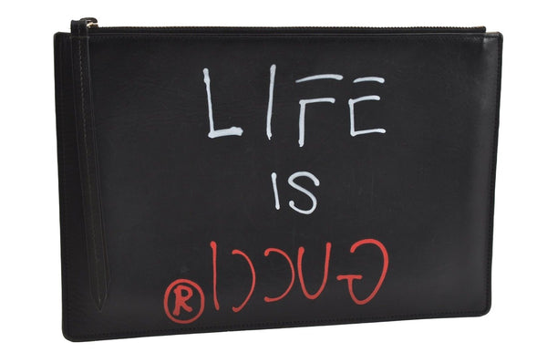 Authentic GUCCI Ghost LIFE IS GUCCI Clutch Bag Purse Leather 445597 Black 5698I