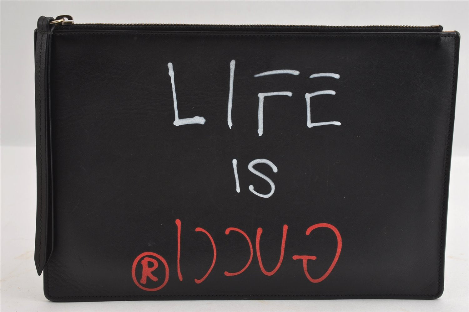 Authentic GUCCI Ghost LIFE IS GUCCI Clutch Bag Purse Leather 445597 Black 5698I