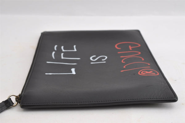 Authentic GUCCI Ghost LIFE IS GUCCI Clutch Bag Purse Leather 445597 Black 5698I