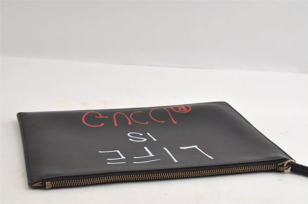 Authentic GUCCI Ghost LIFE IS GUCCI Clutch Bag Purse Leather 445597 Black 5698I