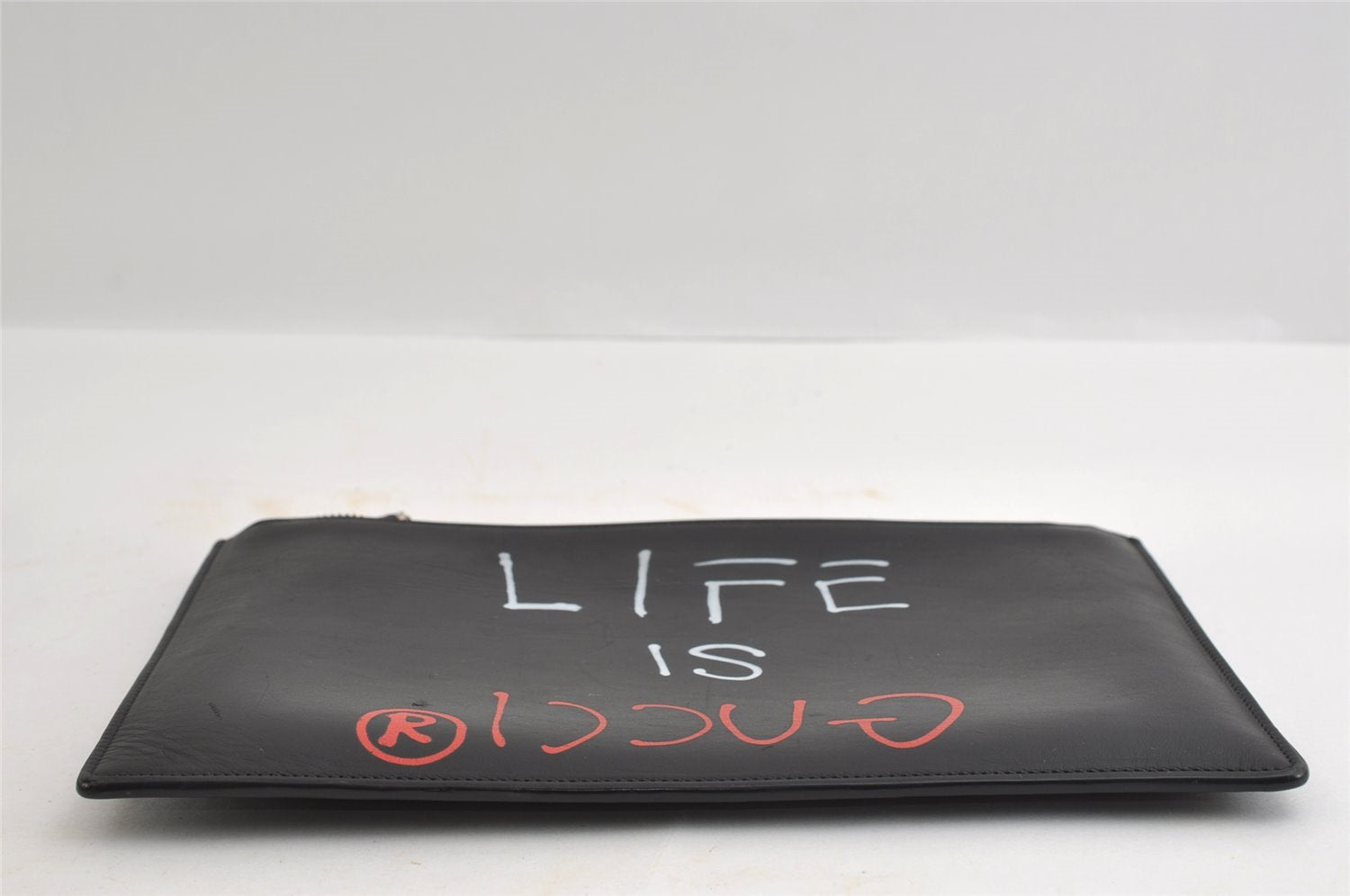 Authentic GUCCI Ghost LIFE IS GUCCI Clutch Bag Purse Leather 445597 Black 5698I
