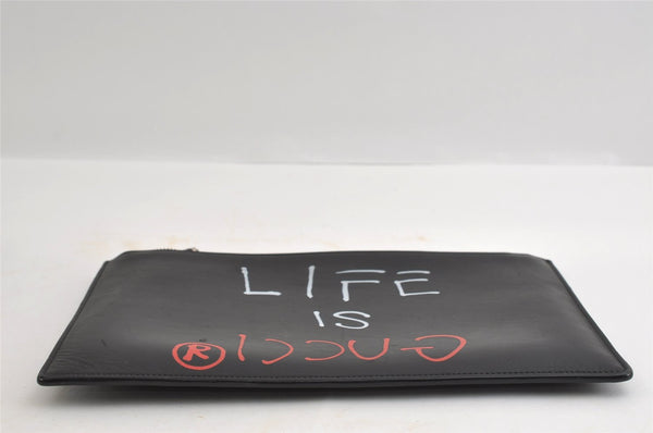 Authentic GUCCI Ghost LIFE IS GUCCI Clutch Bag Purse Leather 445597 Black 5698I