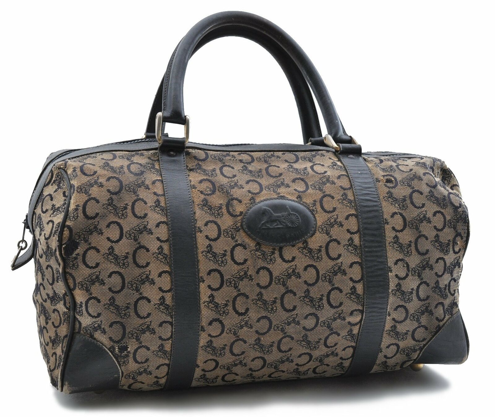 Authentic CELINE C Macadam Sulky Pattern Hand Bag Canvas Leather Blue Navy 5704A