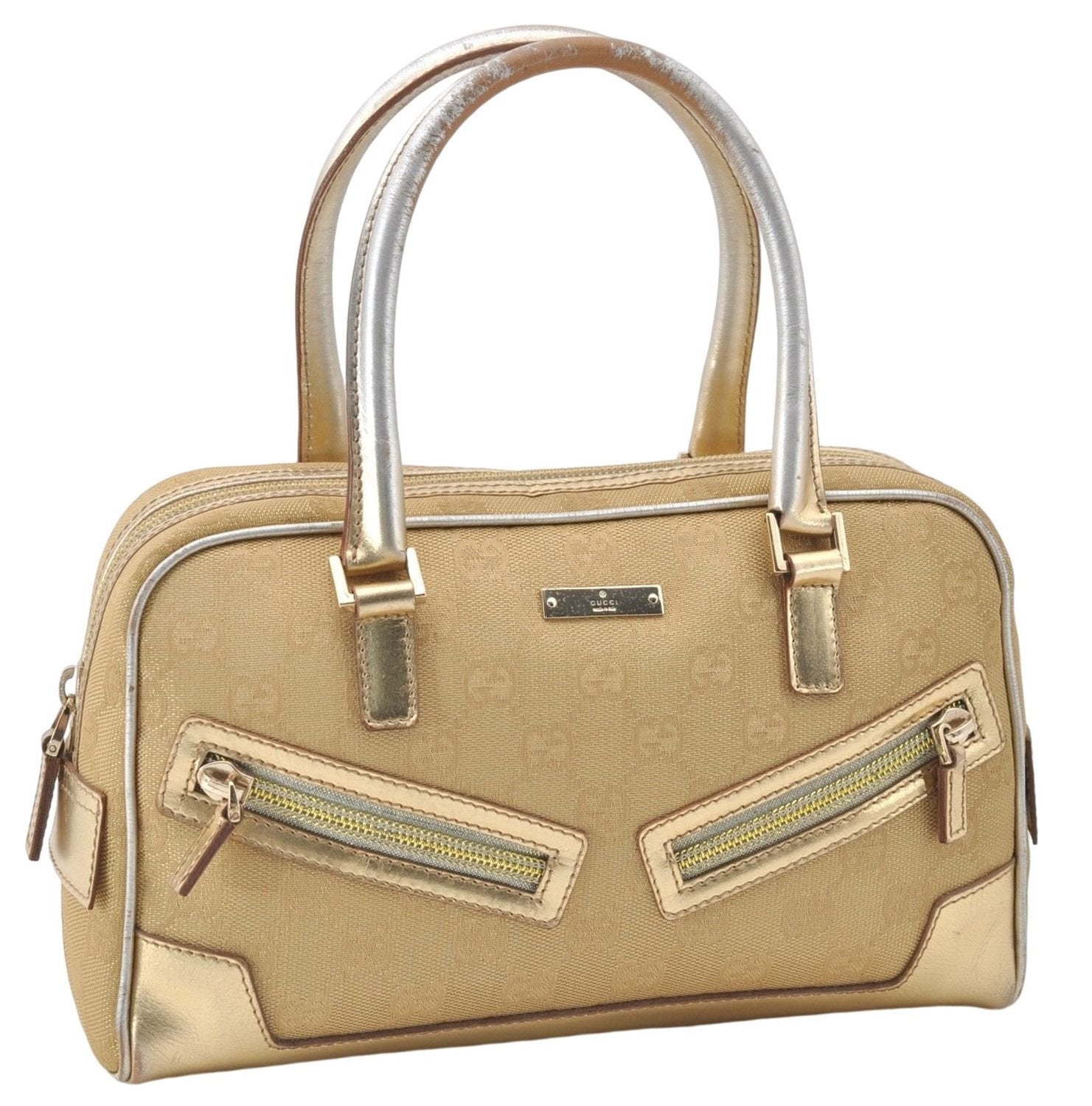 Authentic GUCCI Vintage Hand Bag Purse GG Canvas Leather 0000852 Gold 5710E