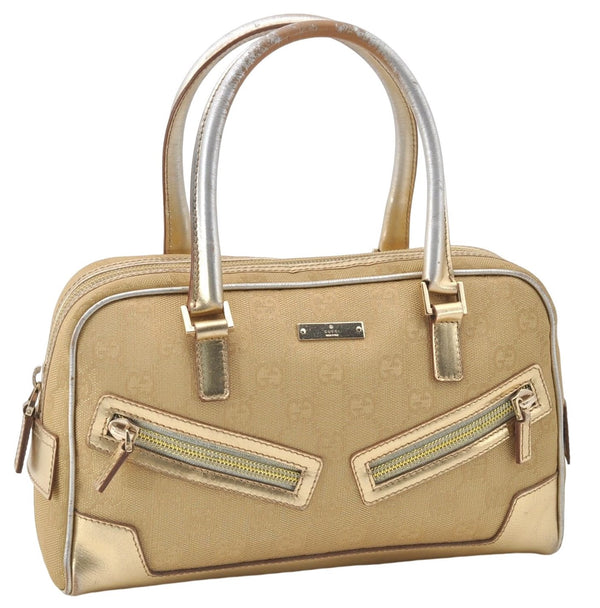 Authentic GUCCI Vintage Hand Bag Purse GG Canvas Leather 0000852 Gold 5710E