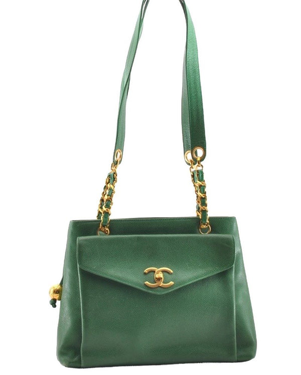 Authentic CHANEL Caviar Skin Vintage CC Logo Chain Shoulder Bag Green Junk 5716I