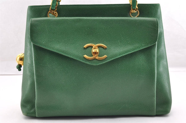 Authentic CHANEL Caviar Skin Vintage CC Logo Chain Shoulder Bag Green Junk 5716I