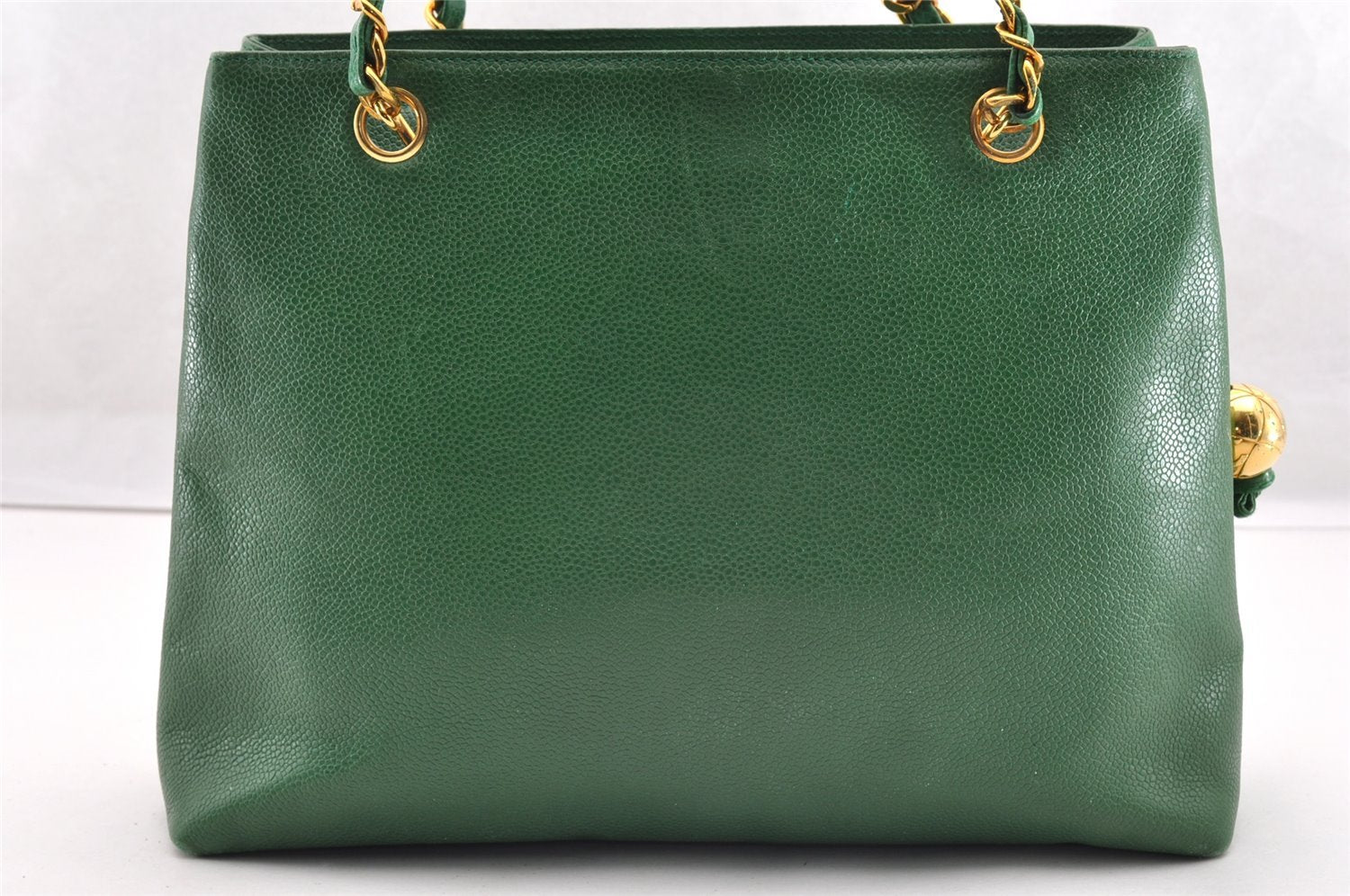Authentic CHANEL Caviar Skin Vintage CC Logo Chain Shoulder Bag Green Junk 5716I