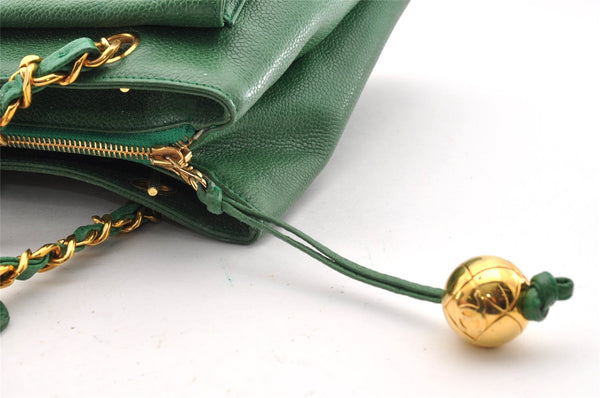 Authentic CHANEL Caviar Skin Vintage CC Logo Chain Shoulder Bag Green Junk 5716I
