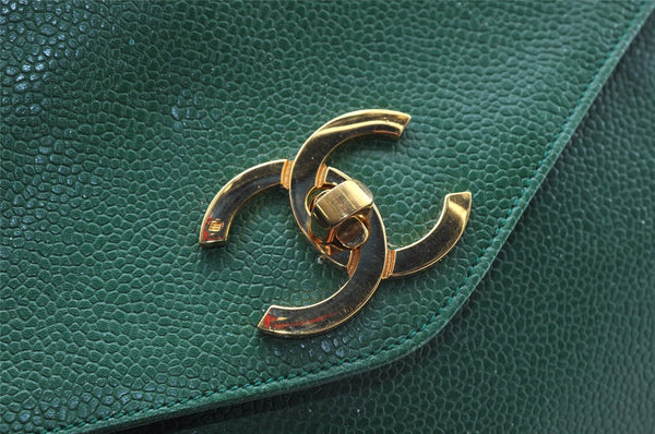 Authentic CHANEL Caviar Skin Vintage CC Logo Chain Shoulder Bag Green Junk 5716I
