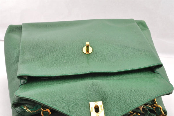 Authentic CHANEL Caviar Skin Vintage CC Logo Chain Shoulder Bag Green Junk 5716I