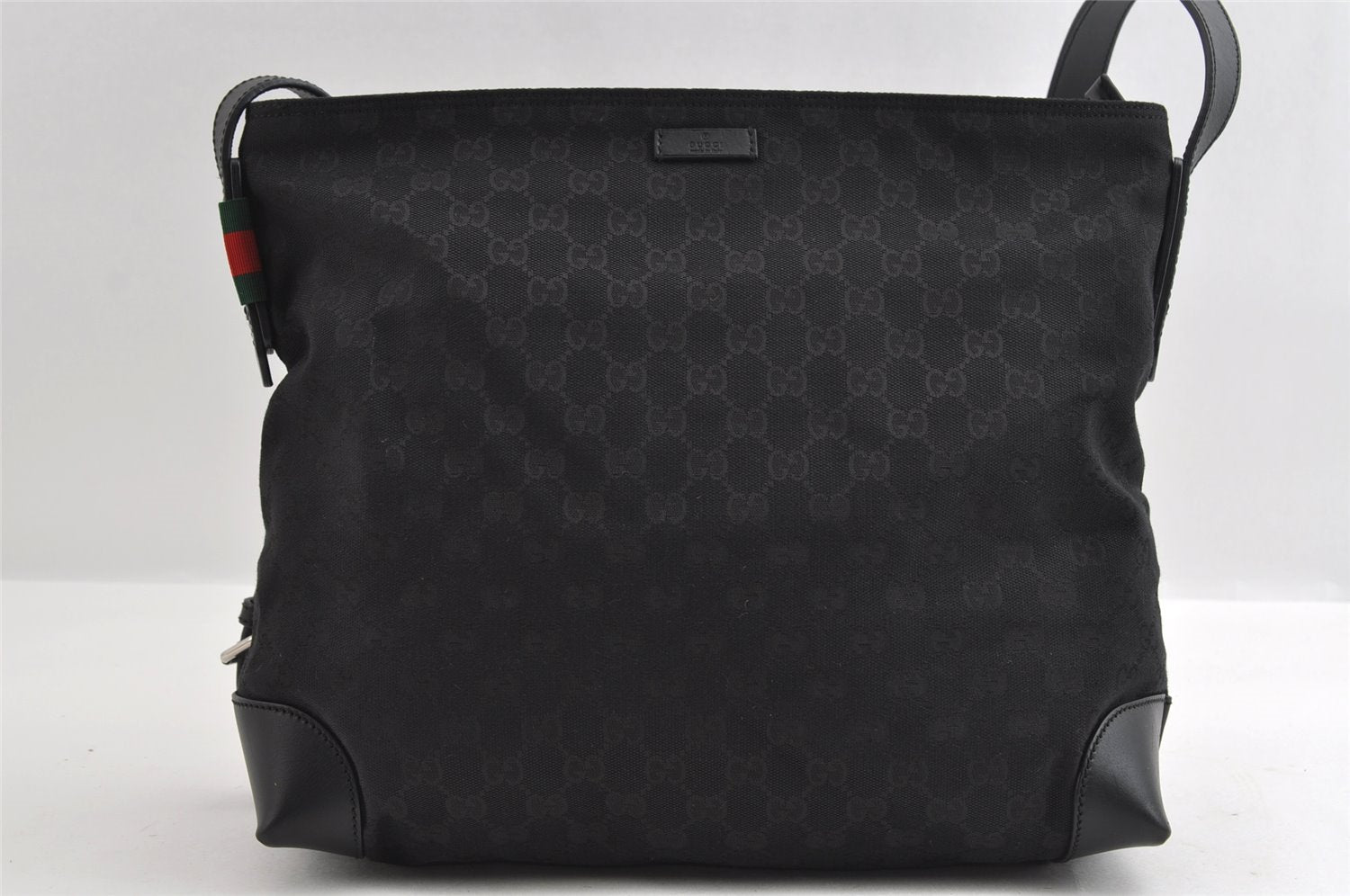 Auth GUCCI Web Sherry Line Shoulder Bag GG Canvas Leather 308930 Black 5729I