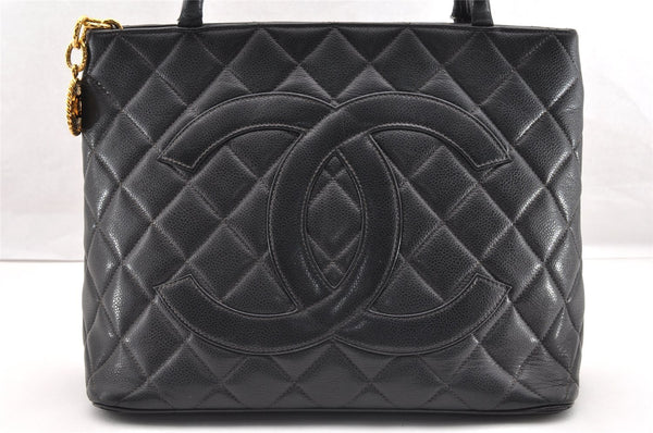 Authentic CHANEL Caviar Skin Medallion CC Logo Shoulder Tote Bag Black 5731I