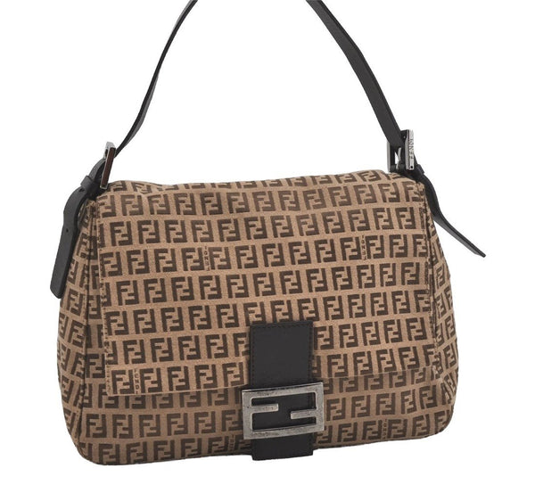 Authentic FENDI Zucchino Mamma Baguette Shoulder Bag Canvas Leather Brown 5734I