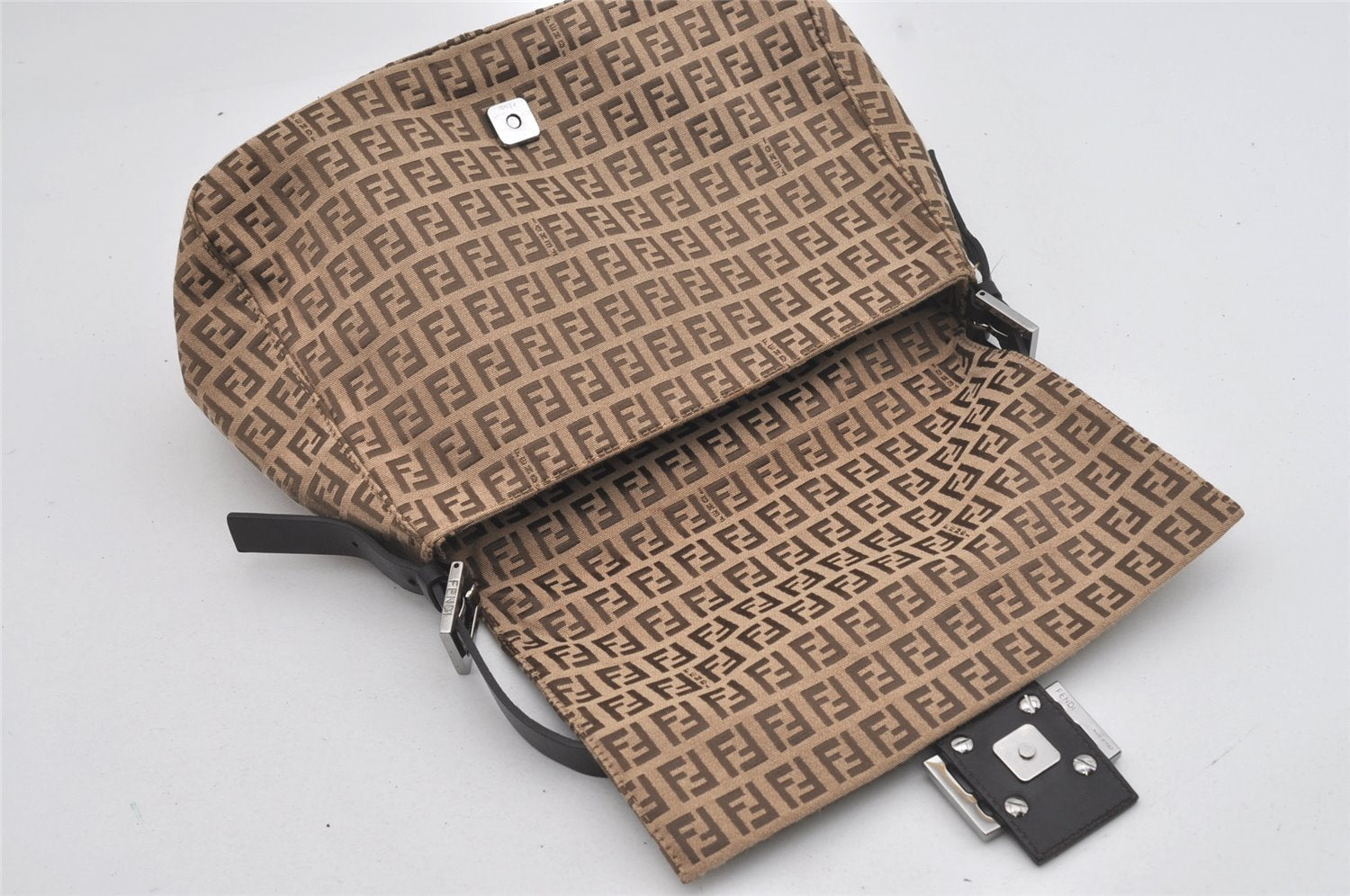 Authentic FENDI Zucchino Mamma Baguette Shoulder Bag Canvas Leather Brown 5734I