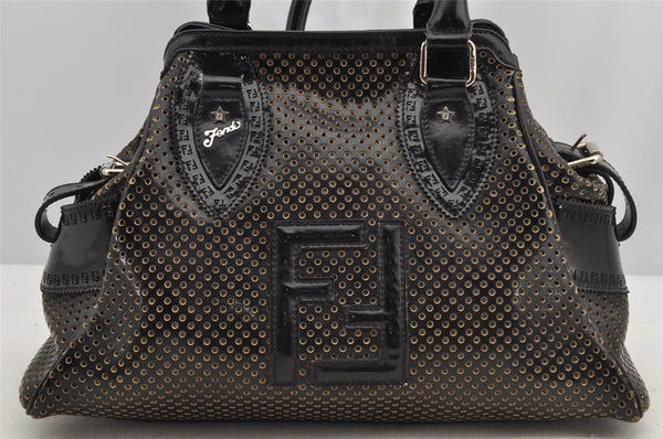 Authentic FENDI Etniko Hand Bag Punching Leather Enamel Black Junk 5738I