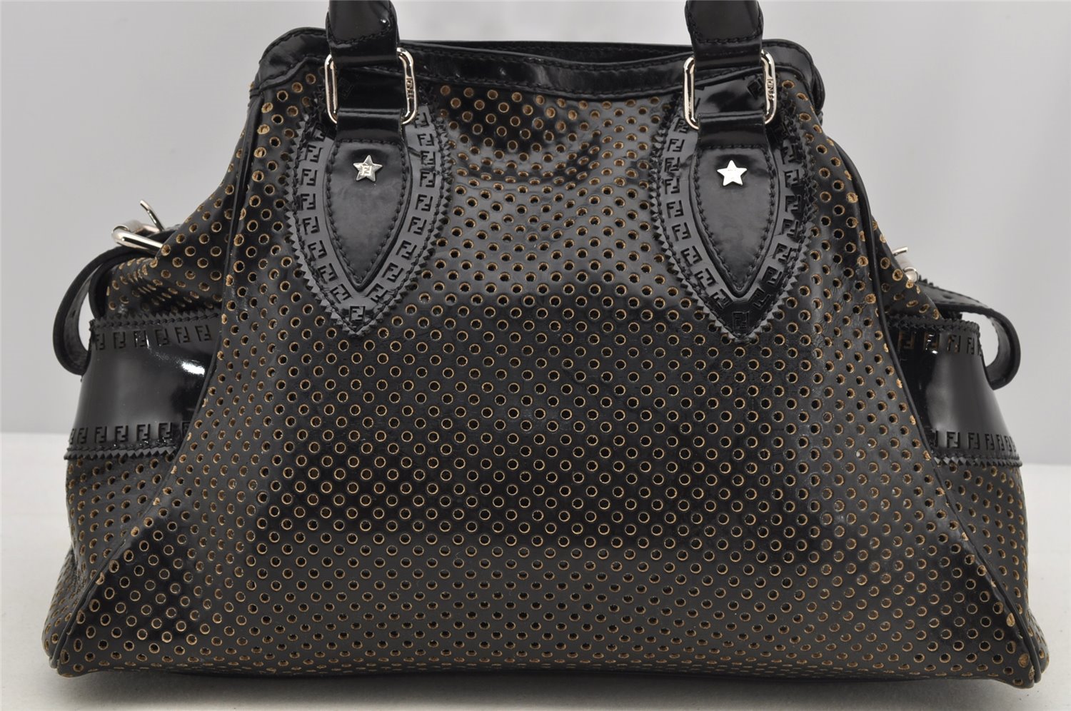 Authentic FENDI Etniko Hand Bag Punching Leather Enamel Black Junk 5738I