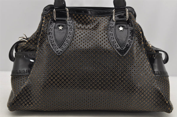 Authentic FENDI Etniko Hand Bag Punching Leather Enamel Black Junk 5738I