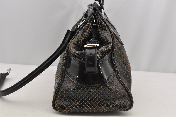 Authentic FENDI Etniko Hand Bag Punching Leather Enamel Black Junk 5738I