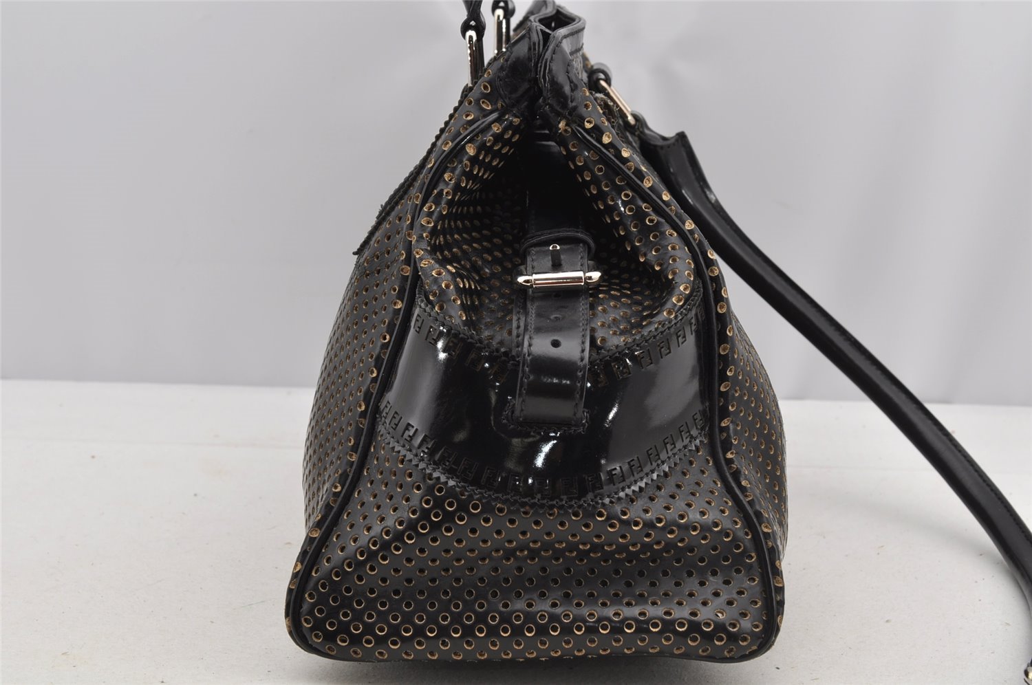 Authentic FENDI Etniko Hand Bag Punching Leather Enamel Black Junk 5738I