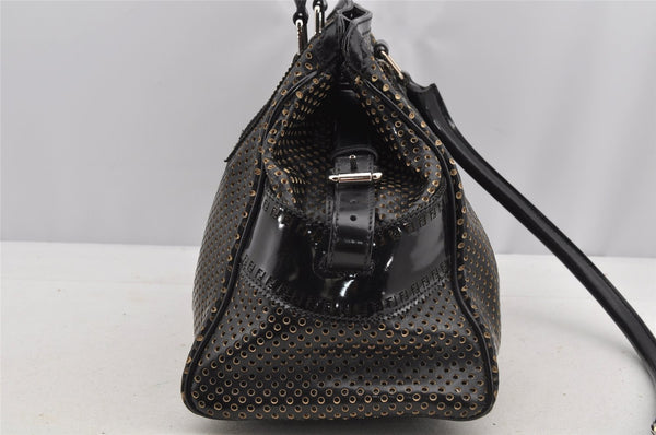 Authentic FENDI Etniko Hand Bag Punching Leather Enamel Black Junk 5738I