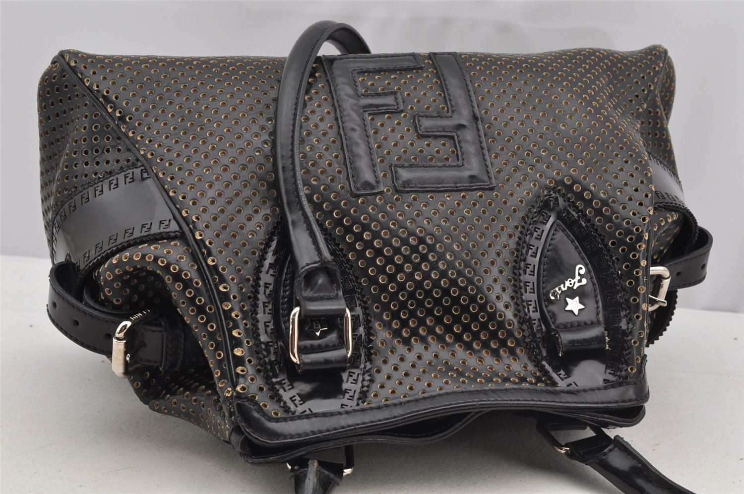 Authentic FENDI Etniko Hand Bag Punching Leather Enamel Black Junk 5738I