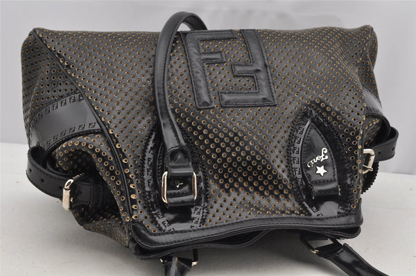 Authentic FENDI Etniko Hand Bag Punching Leather Enamel Black Junk 5738I