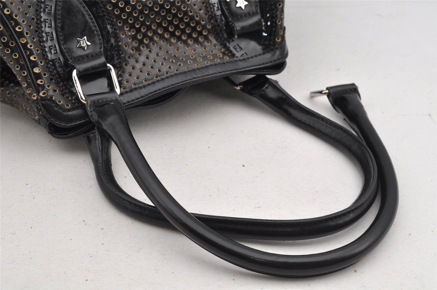 Authentic FENDI Etniko Hand Bag Punching Leather Enamel Black Junk 5738I