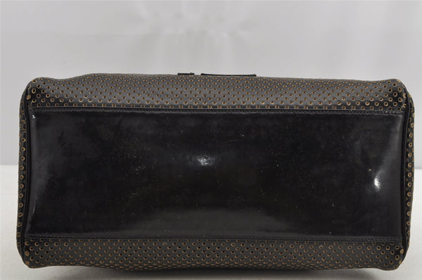 Authentic FENDI Etniko Hand Bag Punching Leather Enamel Black Junk 5738I