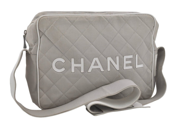 Authentic CHANEL Sports Line Matelasse Shoulder Bag Canvas Leather Gray 5743I