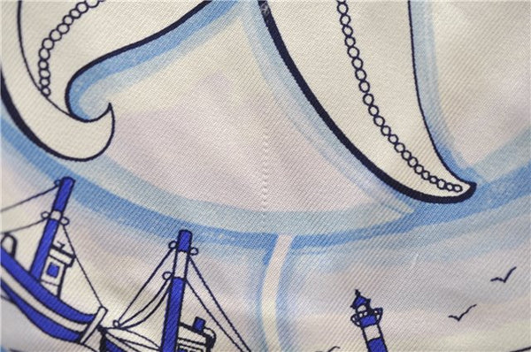 Authentic HERMES Carre 90 Scarf "COMPAGNONS DE MER" Silk Light Blue 5750D