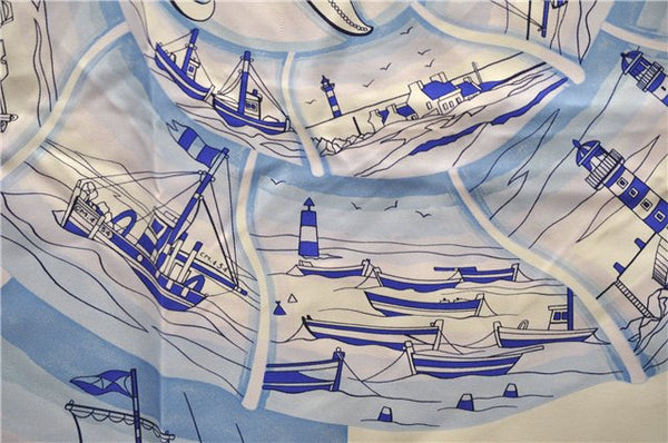 Authentic HERMES Carre 90 Scarf "COMPAGNONS DE MER" Silk Light Blue 5750D