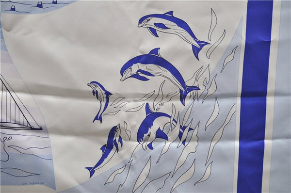 Authentic HERMES Carre 90 Scarf "COMPAGNONS DE MER" Silk Light Blue 5750D