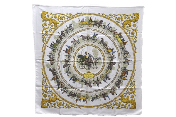 Auth HERMES Carre 90 Scarf "LA PROMENADE DE LONGCHAMPS" Silk White Box 5753D