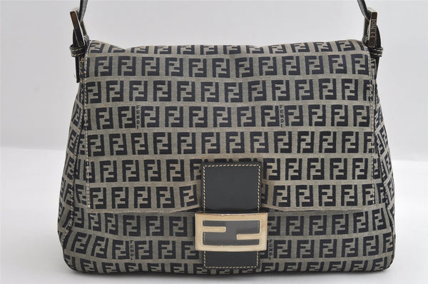 Authentic FENDI Zucchino Mamma Baguette Shoulder Bag Canvas Leather Navy 5755I