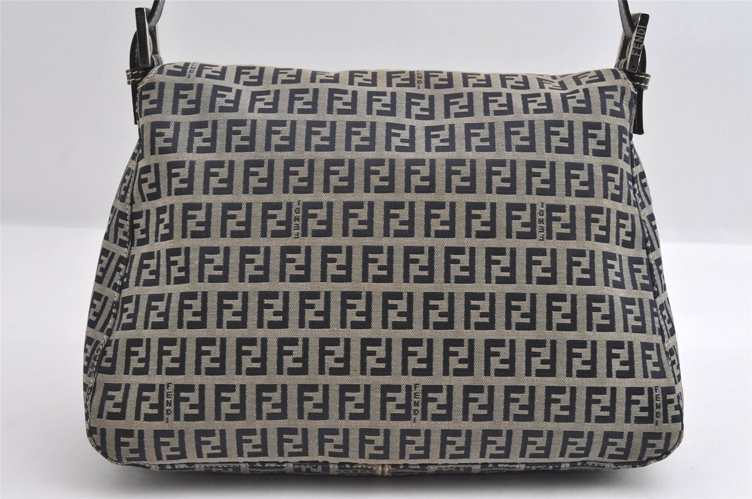 Authentic FENDI Zucchino Mamma Baguette Shoulder Bag Canvas Leather Navy 5755I