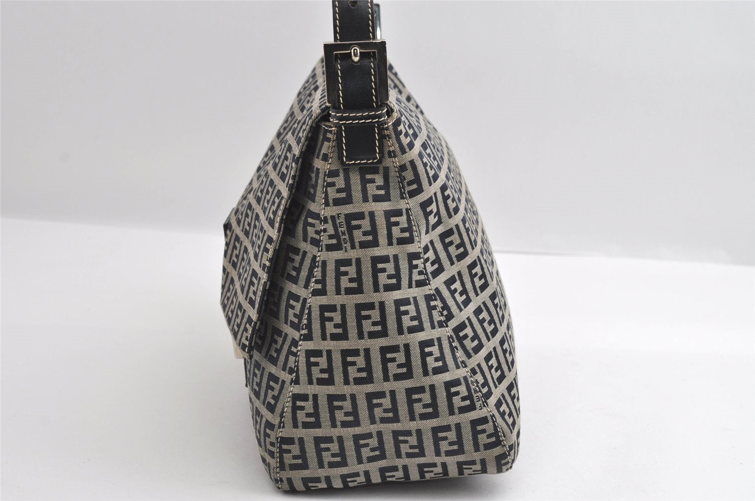 Authentic FENDI Zucchino Mamma Baguette Shoulder Bag Canvas Leather Navy 5755I