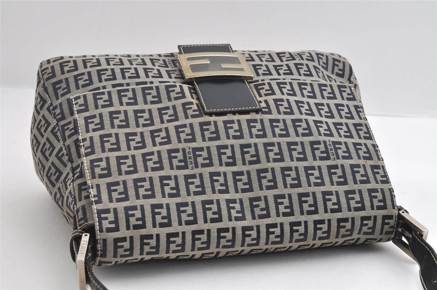 Authentic FENDI Zucchino Mamma Baguette Shoulder Bag Canvas Leather Navy 5755I