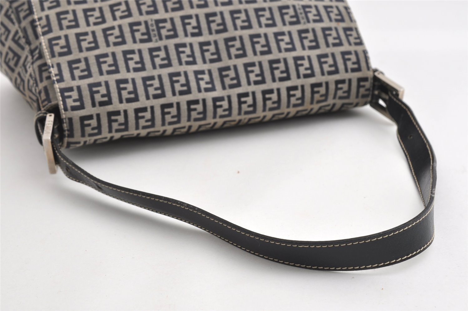 Authentic FENDI Zucchino Mamma Baguette Shoulder Bag Canvas Leather Navy 5755I